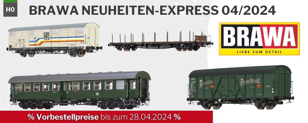 BRAWA Neuheiten-Express April 2024 für die Spur H0 in 2-Leiter Ausführung. Personenwagen und besondere Güterwagen jetzt zum Angebotspreis vorbestellen und von mein-MBS direkt nach Hause geliefert bekommen.