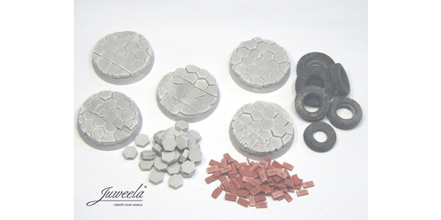 28mm - 2x5 Bases Straßen-Pflaster Hexa ø32mm + Zubehör